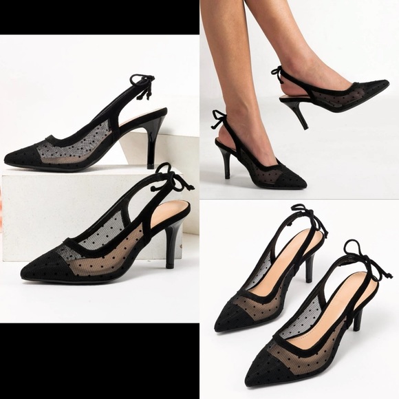 Shoes - Polkadot mesh black bow detail heels